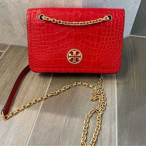Tory Burch NWT Carson embossed convertible shoulder bag bright carnelian